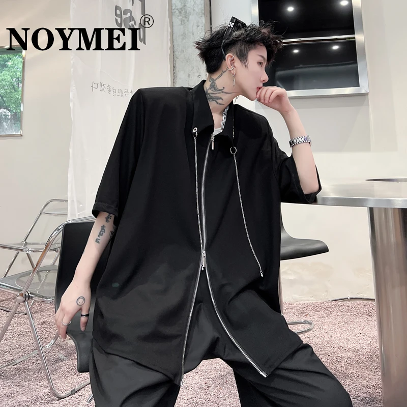 

NOYMEI 2023 летняя однотонная металлическая мужская Свободная рубашка с коротким рукавом с надписью, подходящая ко всему отложным воротником WA942