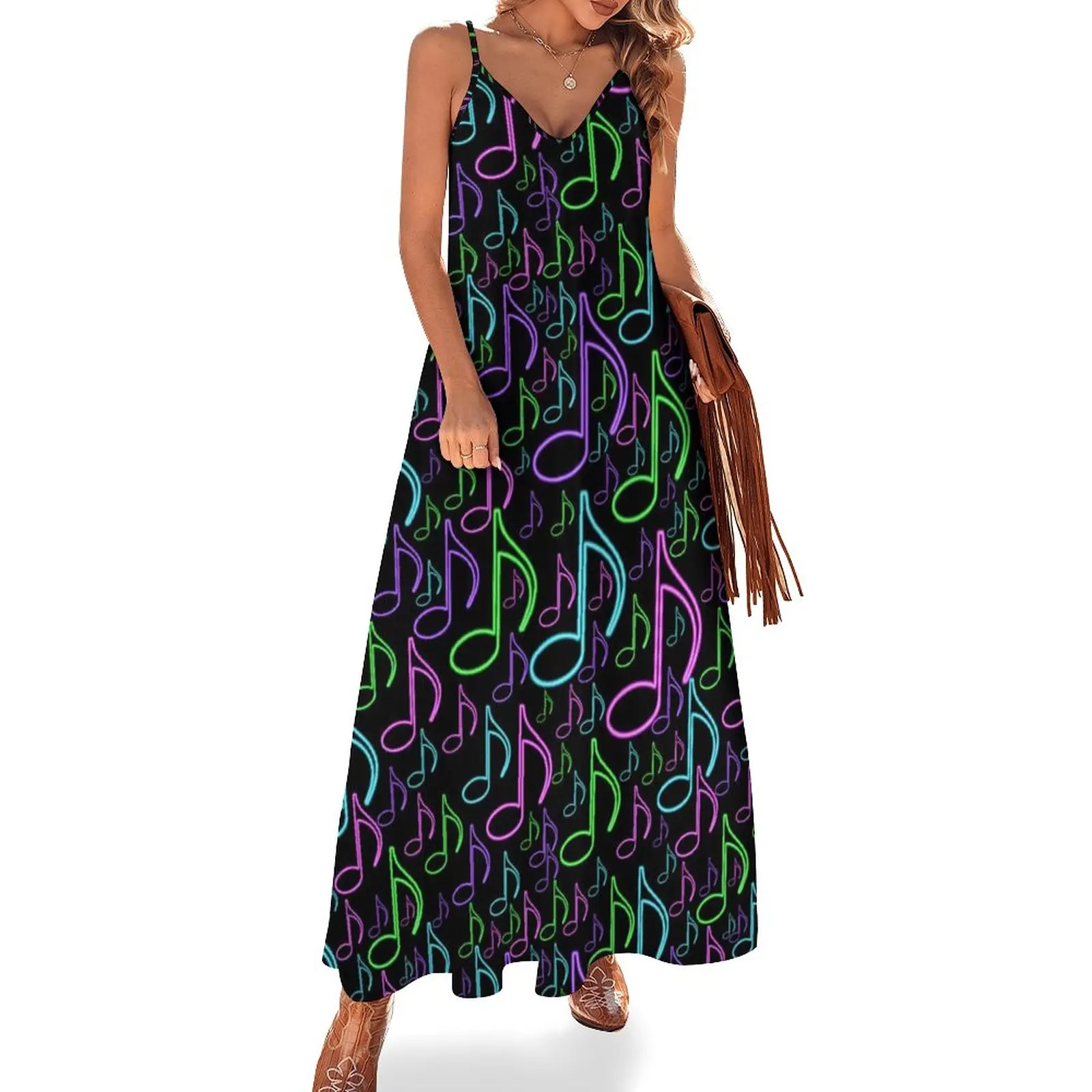 

Colorful Music Dress Eighth Notes Random Print Beach Maxi Dress Strap Street Style Casual Long Dresses V Neck Oversize Clothing