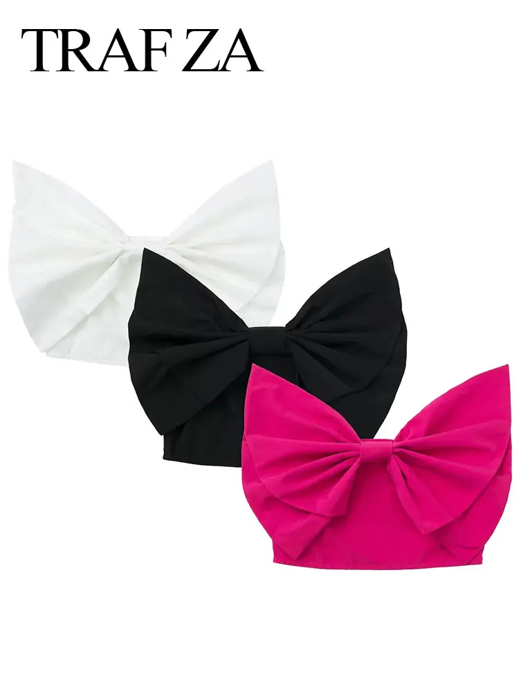 

TRAF ZA 2022 Summer Women's Strapless Vest Tube Top Short Solid Color Rose Red Black White Top Big Bow Cute Sweet And Slim Sexy