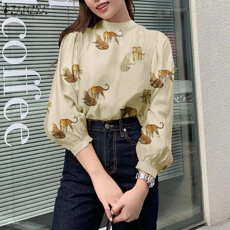 

ZANZEA Casual Stand Collar Oversized Blusas Women Stylish Printed Blouse Shirts 2022 Spring Autumn Puff Sleeve Loose Tops Tunic
