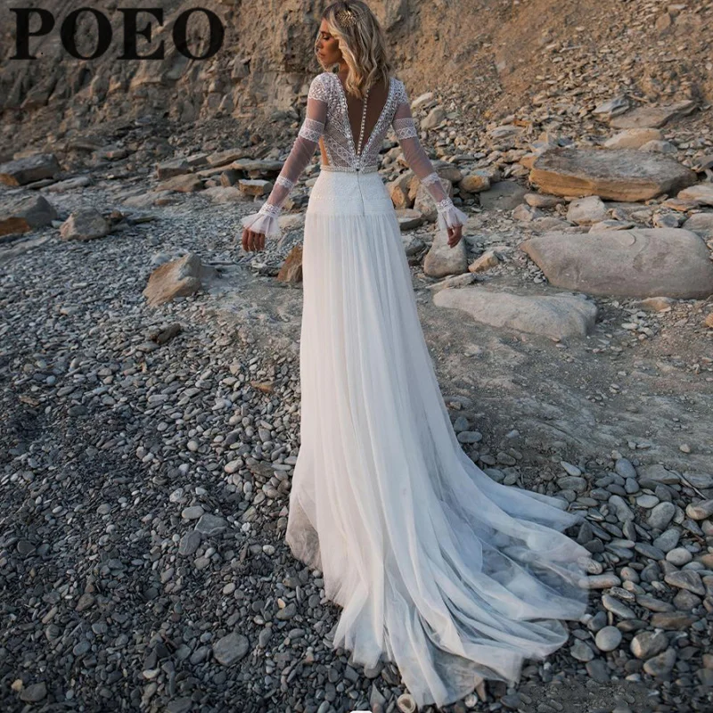 Фото Женское свадебное платье на пуговицах POEO, кружевное платье-трапеция с V-образным вырезом и аппликацией, платье до пола со шлейфом №2