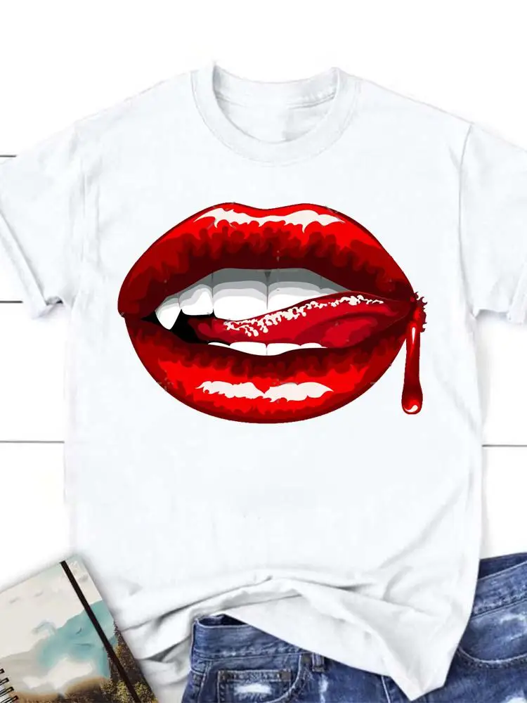

Graphic T Shirt Clothing Clothes Style Watercolor Lip Sweet Women Short Sleeve Summer Tee Fashion Cartoon T-shirt Female Top
