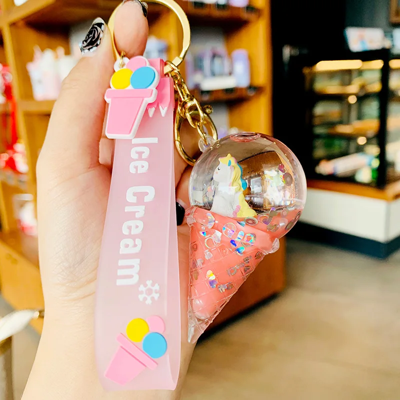 

Ice Cream Crystal Ball Floating Liquid Keychain Glitter Quicksand Unicorn Keyring Women Car Bag Trinket Pendant Gift Key Fob