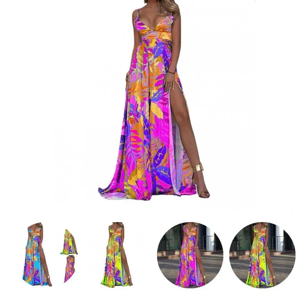 

Stylish Sling Dress Attractive Comfortable Sleeveless Dress Leaves Printed Off-shoulder Floor Dress