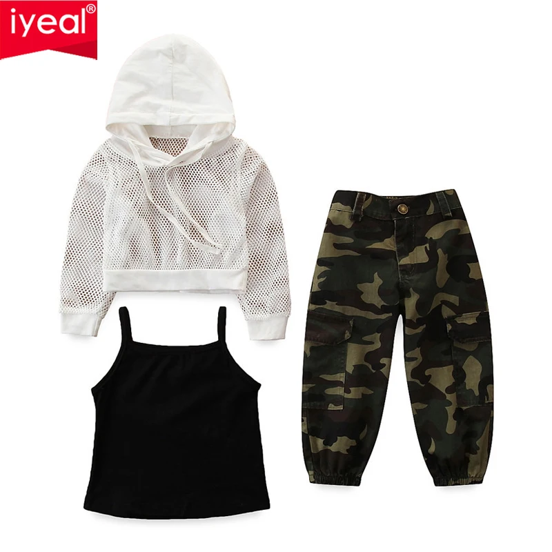 

IYEAL 1-6Y Fashion Infant Baby Girls Summer Sports Clothes Sets Net Hooded Tops+Black Vest Tops+Camouflage Print Pants 3pcs