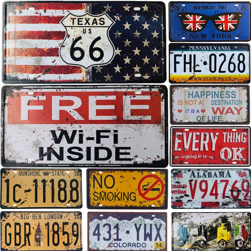 

Vintage Metal Tin Signs Coffee Free Wifi Route 66 Motor Plaques Car License Plate Bar Pub Garage Home Wall Decor Poster 15x30cm