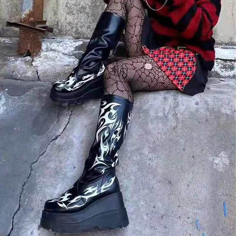 

Muffin Platform Print Increase Wedge Boots Flame Pattern Punk Style Biker Boots Back Zipper Tall Knee Boots 2022