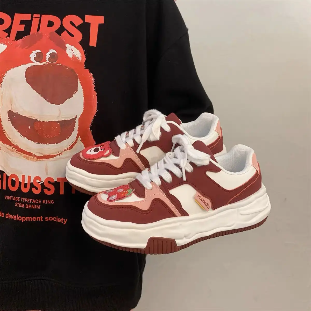 Lotso Strawberry Bear woman Shoes Children's Autumn Winter Shoes Color Contrast Casual Sports Red Shoes Fashion Cotton Shoes