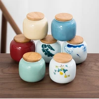 creative mini ceramic storage jar portable tea can bamboo lid porcelain sealed jar candy food tank storage container home decor