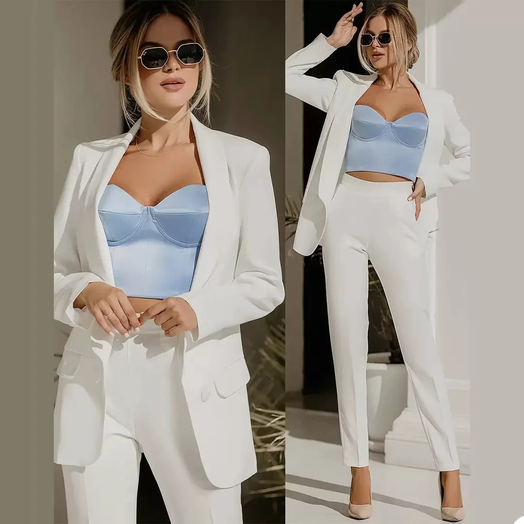 Women White Blazer Suit Formal Mother of the Bride Suits Outfits Red Carpet Evening Party Wedding Wear(Jacket+Pants)