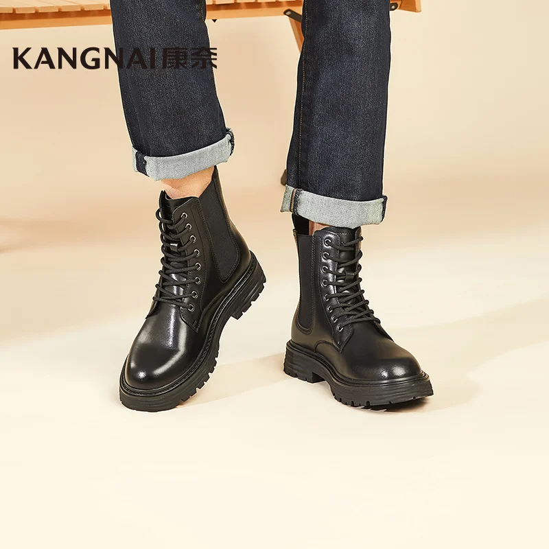 

Мужские ботинки со шнуровкой Kangnai, Черные ботильоны из спилка и тонкого меха, на платформе, деловая Классическая обувь на плоской подошве, осенняя офисная обувь для мужчин