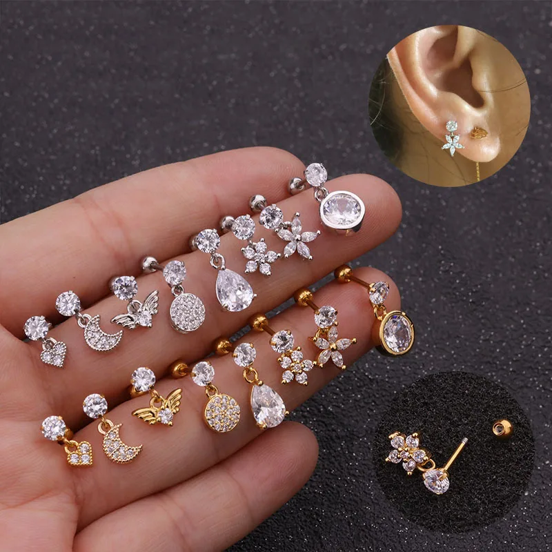 

Biliear 1 Pce 2022 Fashion Rose Gold Cz Stainless Steel Helix Earrings Cartilage Piercing Women Drop Stud Flowers Leaves