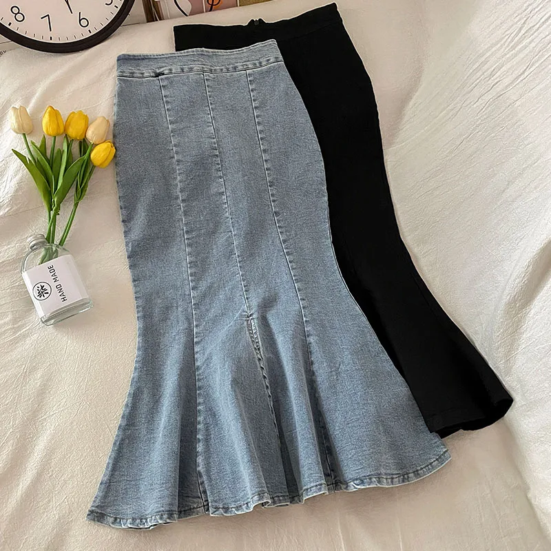 

Mermaid Denim Skirts Women Korean Style High Waist Split Zipper Fly Fishtail Jean Skirt 2022 New Solid A-line Sexy Skirts S-2XL