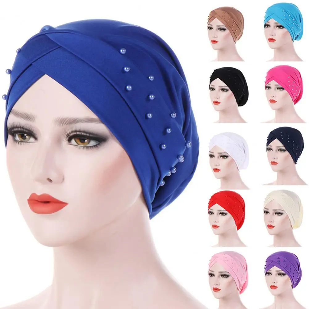 

Solid Color Turban Cap Women Beaded Headscarf Beanie Forehead Cross Milk Silk Wrap Faux Pearl Headwrap Muslim Hijab Women Hat