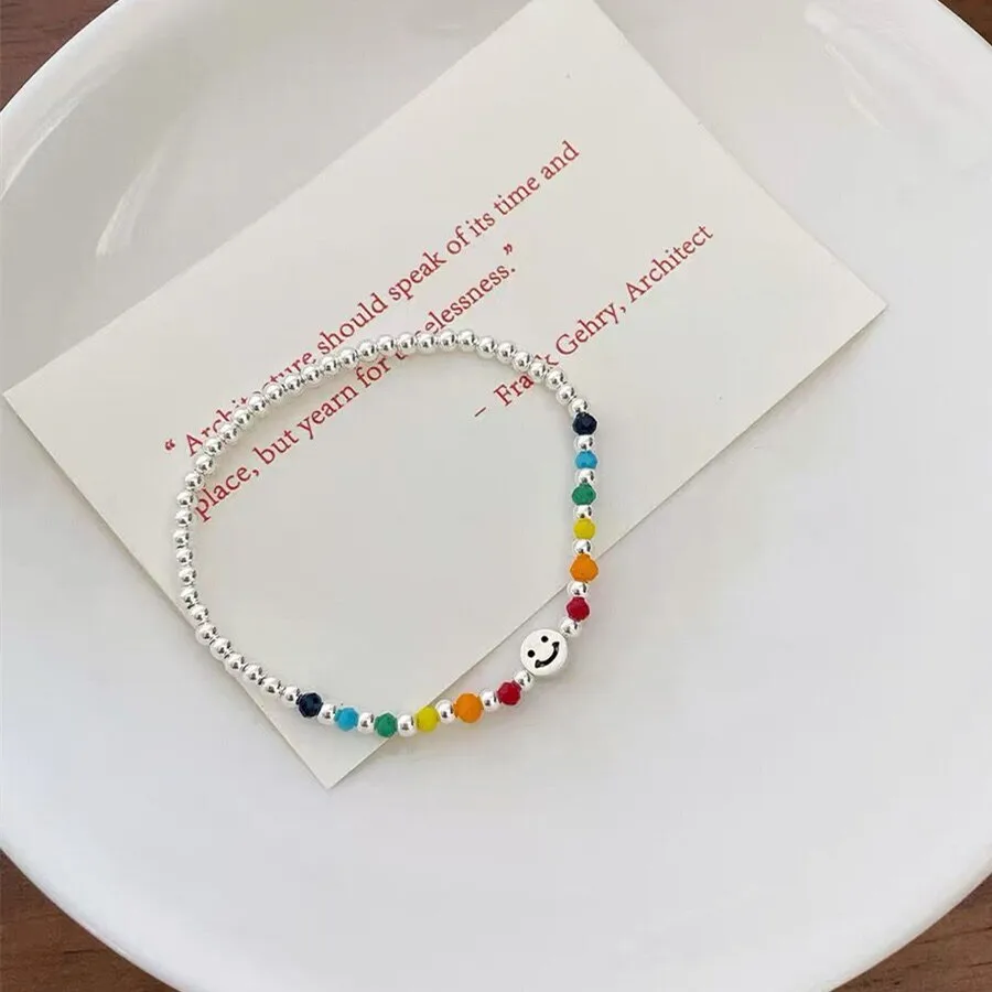 Fufengming Small Color String Rainbow Beaded Bracelet Girl S925 Sterling Silver Summer Versatile Wear Smiley Face Ha...