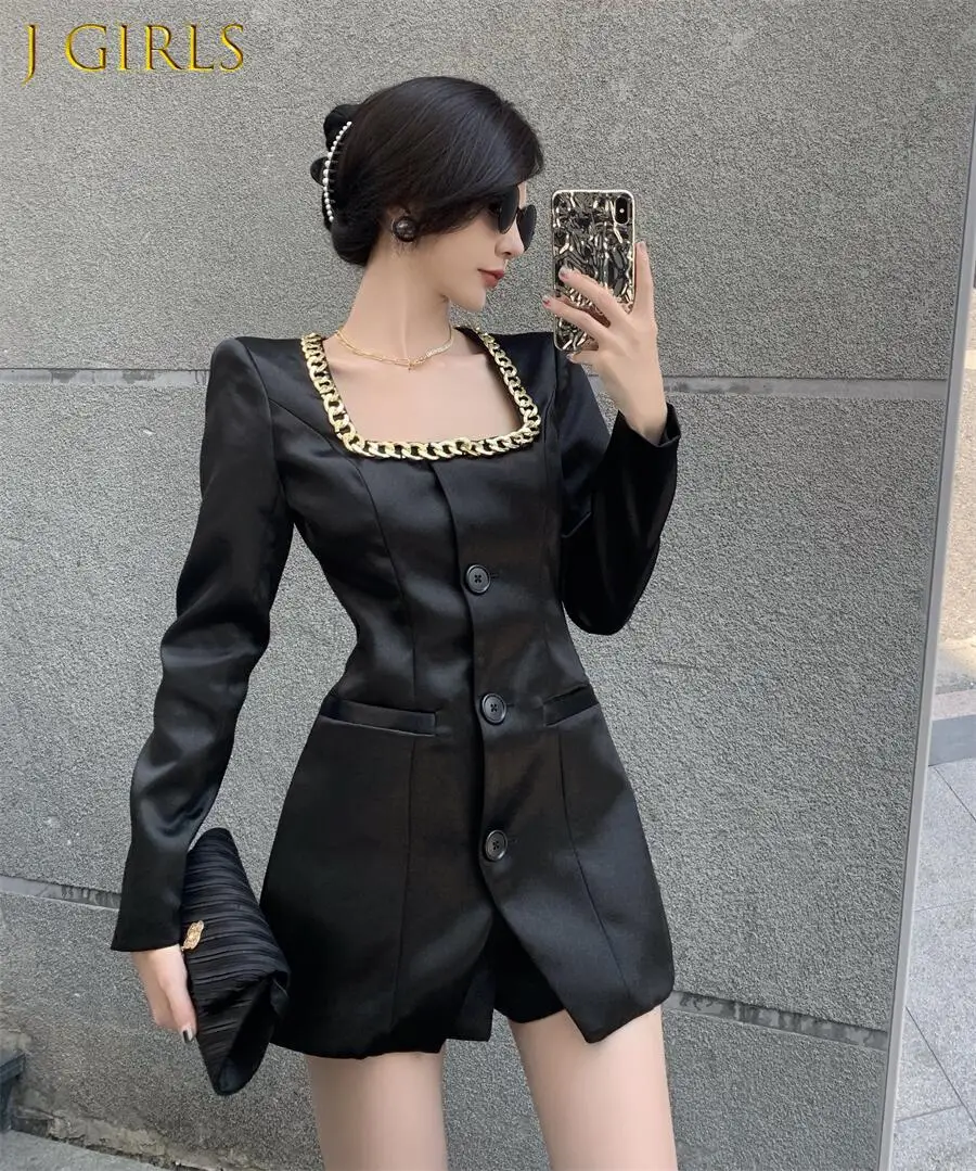 

Sexy Patchwork Chain Blazer Suits Female Satin Square collar Long Sleeve Jacket +High waist Shorts Two piece set Women Autumn