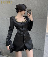 sexy patchwork chain blazer suits female satin square collar long sleeve jacket high waist shorts two piece set women autumn