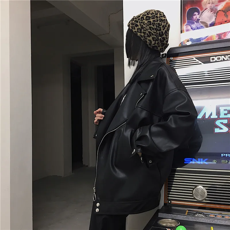 Outerwear Women's Autumn 2022 American Retro Black Motorcycle Leather Design Loose PU Jacket Top Black Gothic Clothes