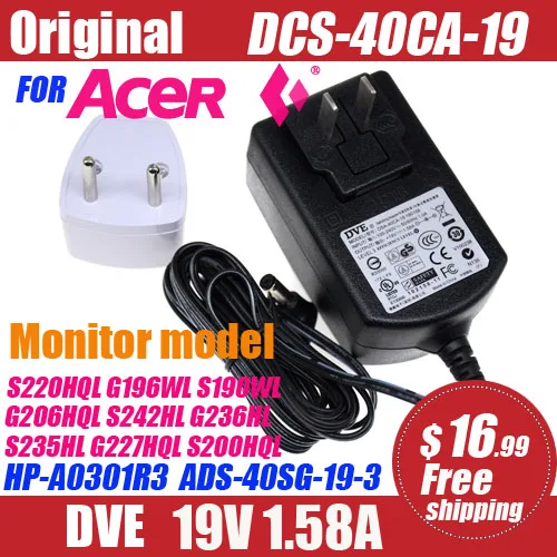Оригинальный адаптер питания DVE 19 в а для Acer блок ЖК-монитора G196HQL G206HL S190WL D255E G206HQL -