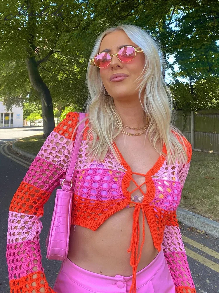 

Macheda 2022 Осенняя Y2K сексуальная прозрачная розовая открытая укороченная женская футболка с длинным рукавом Осенняя повседневная женская фут...