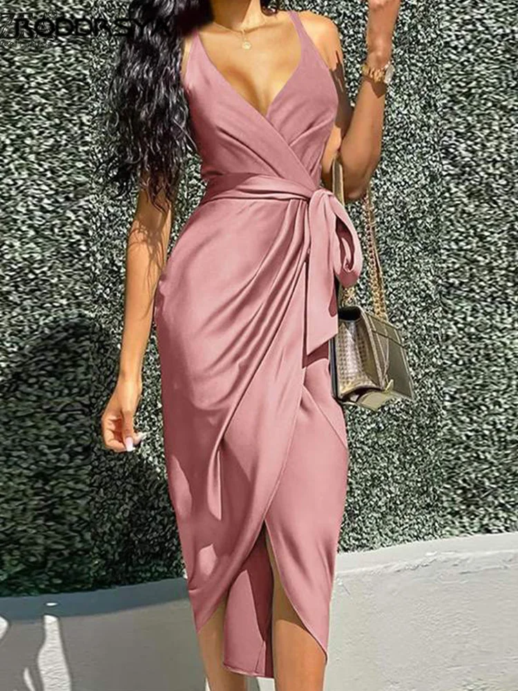 

Office Elegant V Neck Strap Long Dress Women Sexy Sleeveless Irregular Party Dress Fashion Tie-up Wrap Solid Satin Maxi Dresses