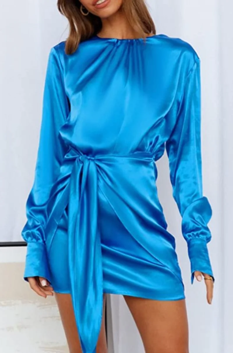 Vintage Women's Banquet Party Dresses Round Neck Elastic Tie Waist Long Sleeve Solid Skirt Elegant Prom Dress for Women Vestidos