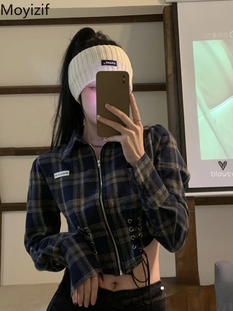 

Рубашка женская короткая в клетку с длинным рукавом, весна-лето