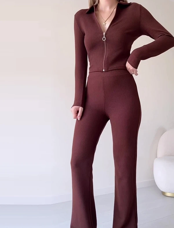 

Elegant Two Pieces Casual Women Outfits 2023 Autumn New Fashion Daily Solid Zipper Polo Neck Short Top&micro Flare Pants Set