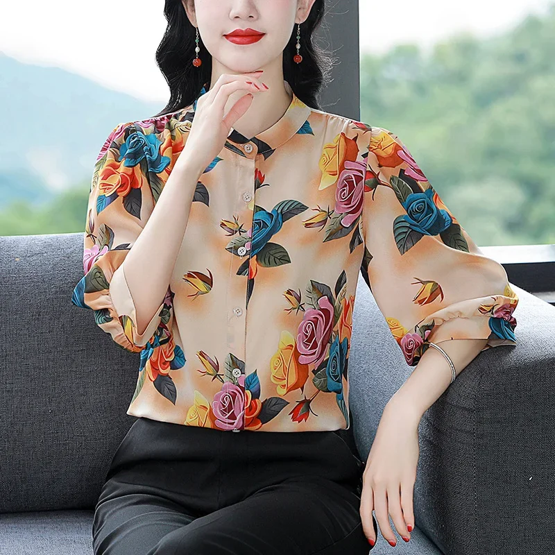 Шифоновая винтажная женская рубашка летняя повседневная блузка с принтом