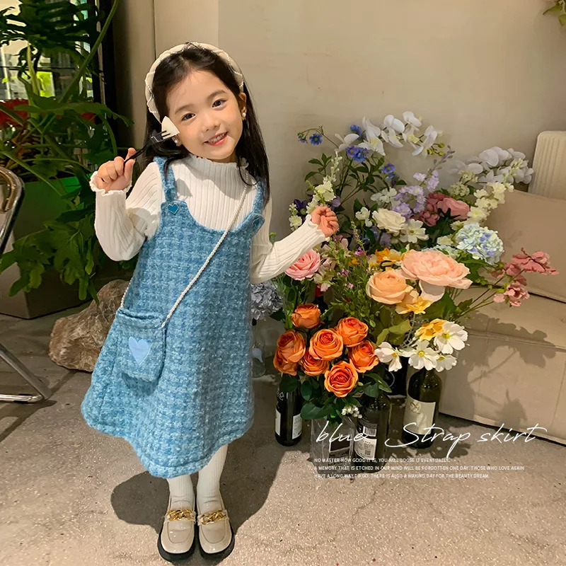 

MILA CHOU 2022 Winter Girls Fashion Blue Plaid Strap Dress Children Denim Tank Dress Kids Clothes 2-8Y