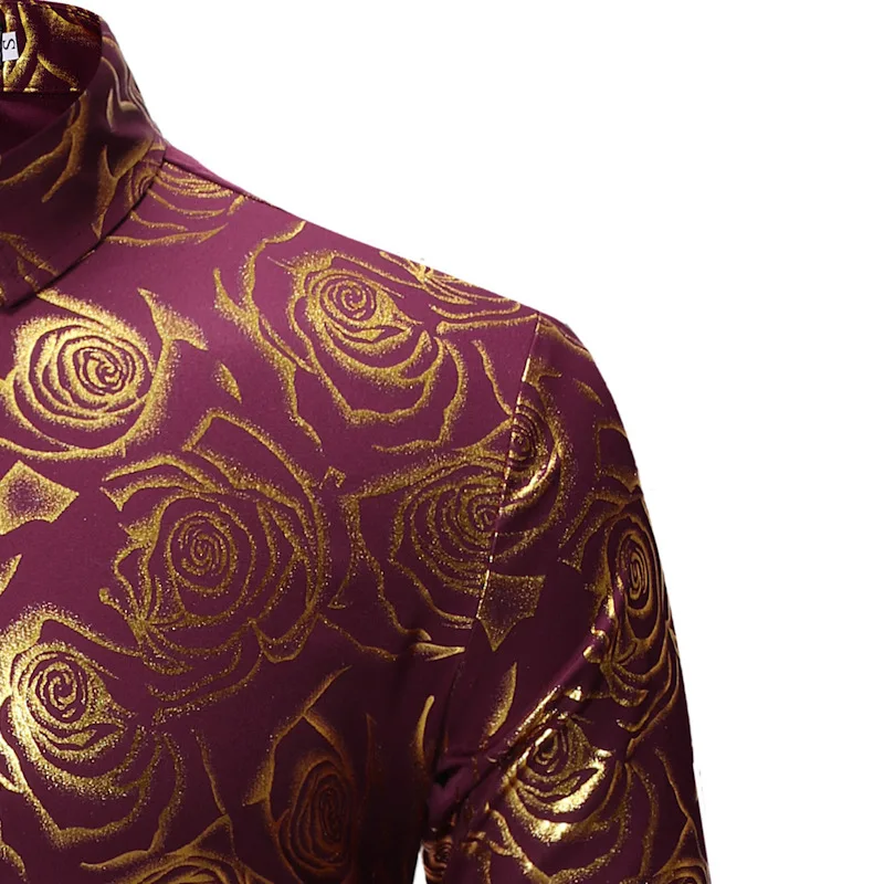 Mattswag Mens Wine Red Luxury Floral Gold Shiny Print Shirts Stylish Slim Long Sleeve Dress Shirts Party Prom Club Camisa Hombre