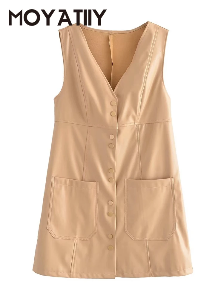 

Осень 2022, женское платье MOYATIIY из искусственной кожи, мини-платья без рукавов, офисные женские платья хаки