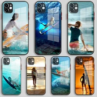 black silicone glass case for iphone 13 12 11 pro xs max x xr 8 7 6 plus se 2020 s mini cover surfboard art surf girl