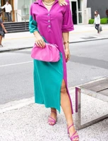 2022 spring new womens long skirt temperament commuter color matching short sleeve button design shirt dress
