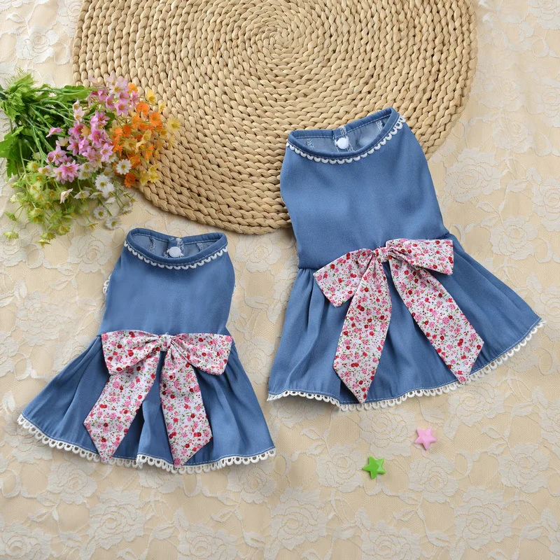 

Dog Clothes Spring and Summer Pet Dress Floral Denim Kitten Cute Princess Dress Thin Teddy Dog Casual Clothes French Bulldog