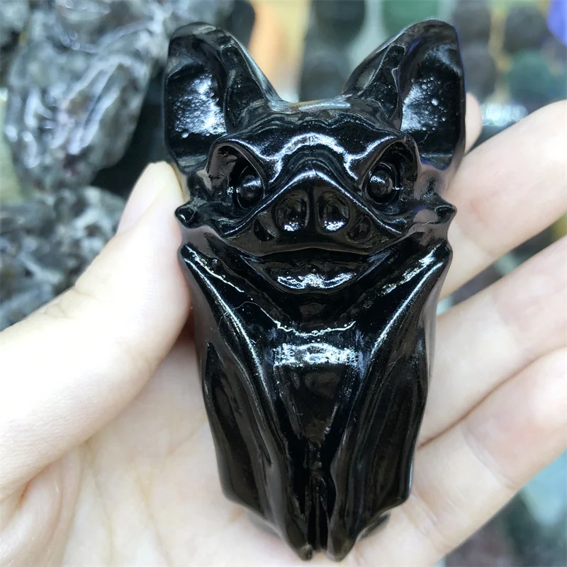 

7.5cm Natural Obsidian Bat Carving Crystal Carved Statue Home Ornament Aart Collectible Gift 1pcs