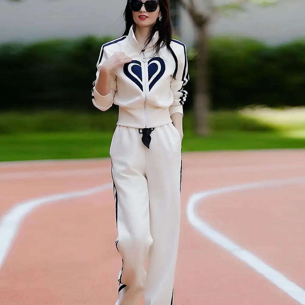 

Women Coat Pants Set Women's Heart Print Sweatshirt Coat Wide Leg Pants Set Autumn Winter Sport Outfit with Stand Collar Elastic