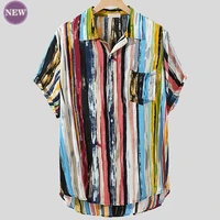 summer new mens breathable cotton and linen short sleeve top printed casual shirt stylish beach color stripe contrast color sho