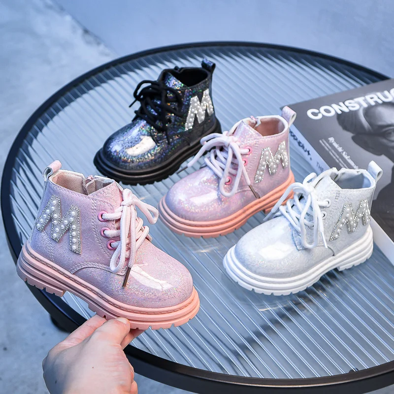 

Fashion Pearl Letters Girls Boots Princess Patent Leather Toddler Children Short Boots New Anti Slip Zipper Kids Ankle Shoes