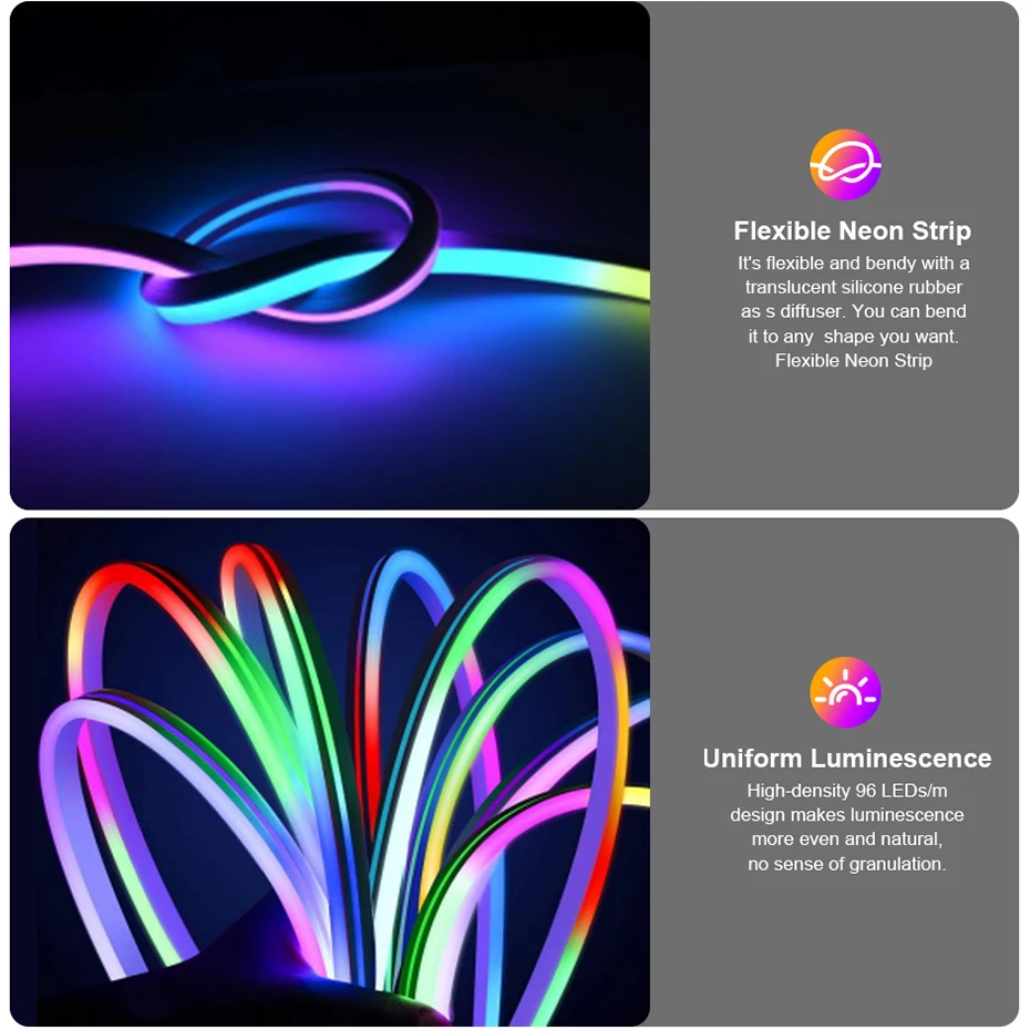 Фото Светодиодная неоновая лента 12В с RGB-подсветкой Dreamcolor, управление по Wi-Fi/Bluetooth/пульту, водонепроницаемая, для розеток EU/US/UK/AU №2