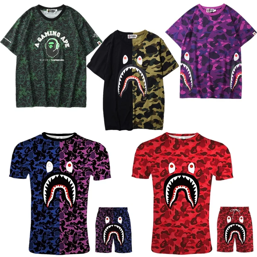 

Bape Акула камуфляжные цветные шорты и топы модная футболка с коротким рукавом дышащая крутая летняя спортивная уличная хип-хоп 2 упаковки