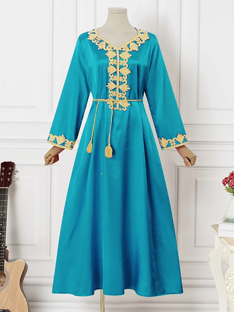 VONDA Plus Size Women 2023 Summer Dress Printed Bohemian Dress Long Sleeve Sexy V Neck Satin Party Vestido Belted Maxi Robe