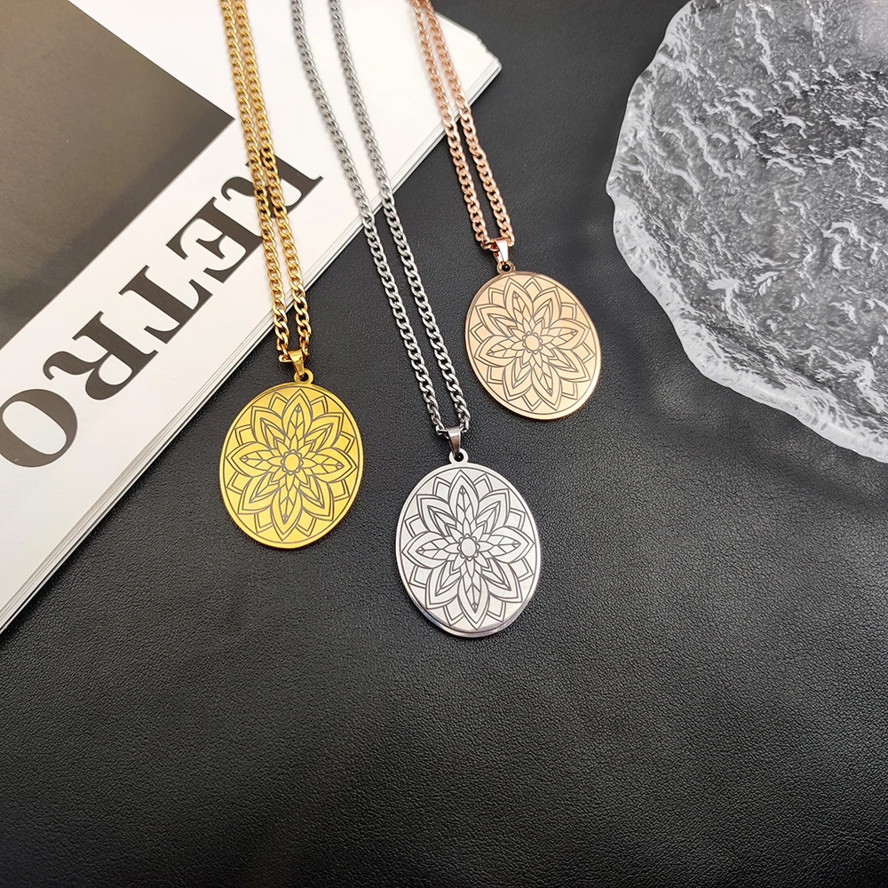 

New Stainless Steel Necklace for Men Cuban Chain Personalised Mandala Flower Pattern Pendant Fashion Trend Women Choker Jewelry