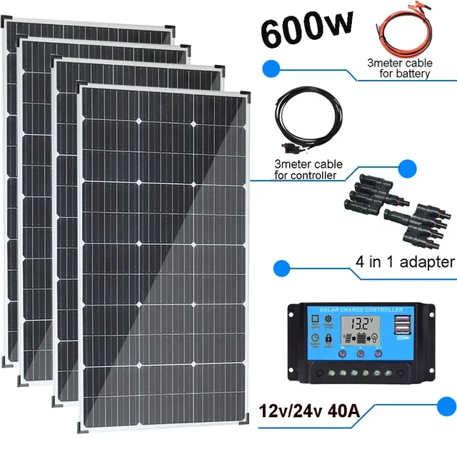

600w 450w 300w 150w Solar Panel Kit Complete with Aluminum Frame 12V Battery Charger System for Home Car Boat RV Camper Outdoor