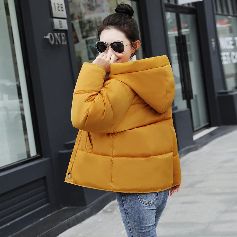 2021 Winter Jackets Short Female Cotton Padded Bread Jacket Coat Women Thick Outerwear Solid Hooded Coats Stand Collar Overcoat