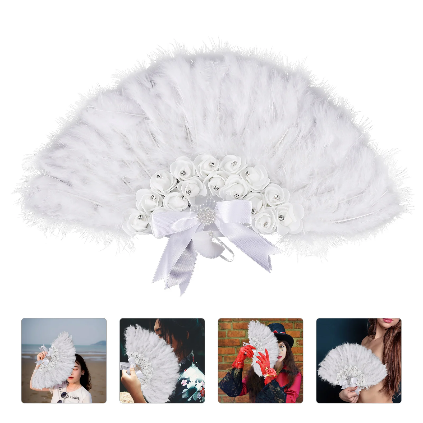 

Fan Hand Fans Foldinghandheld Vintage Flapper Wedding Bouquet Bridal Chinese Japanese White 1920S Costume Fabric Orientalsilk