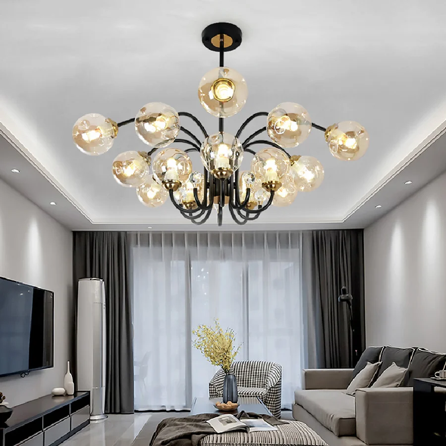 

Современная Потолочная люстра для гостиной, спальни, серого цвета, стеклянная лампочка, внутреннее освещение, черная железная обеденная св...