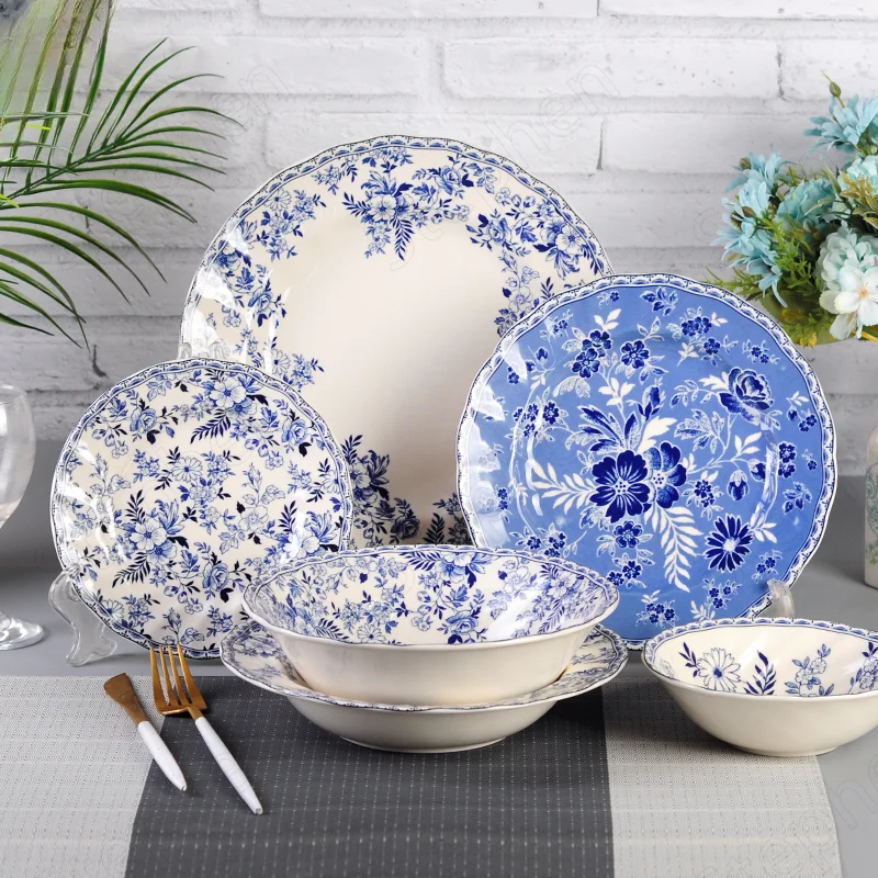 

Blue White Ceramic Plate Underglaze Color Tableware American Pastoral Floral Decorative Steak Pasta Dinner Plates Serving Tray
