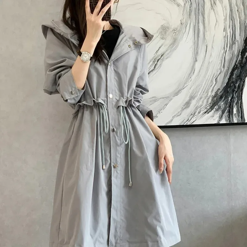 

Женский свободный тренчкот на завязках, однотонный модный тренчкот на пуговицах с капюшоном в Корейском стиле, зима 2023