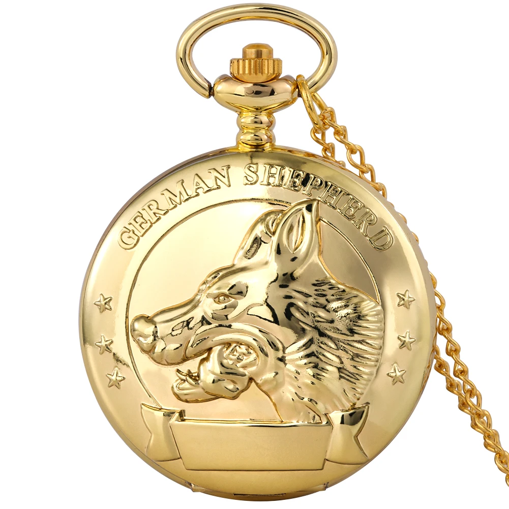 

German Shepherd Pattern Quartz Pendant Pocket Watch Luxury Gold Pocket Watches Necklace Gift Arabic Numerals White Dial Clocks